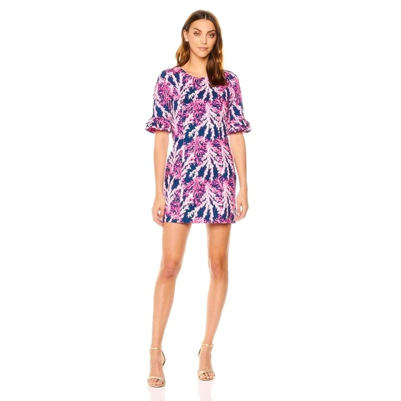 Lilly Pulitzer Fiesta Stretch Dress in Nauti Navy Beyond The Sea - Coral Print - Picture 1 of 15
